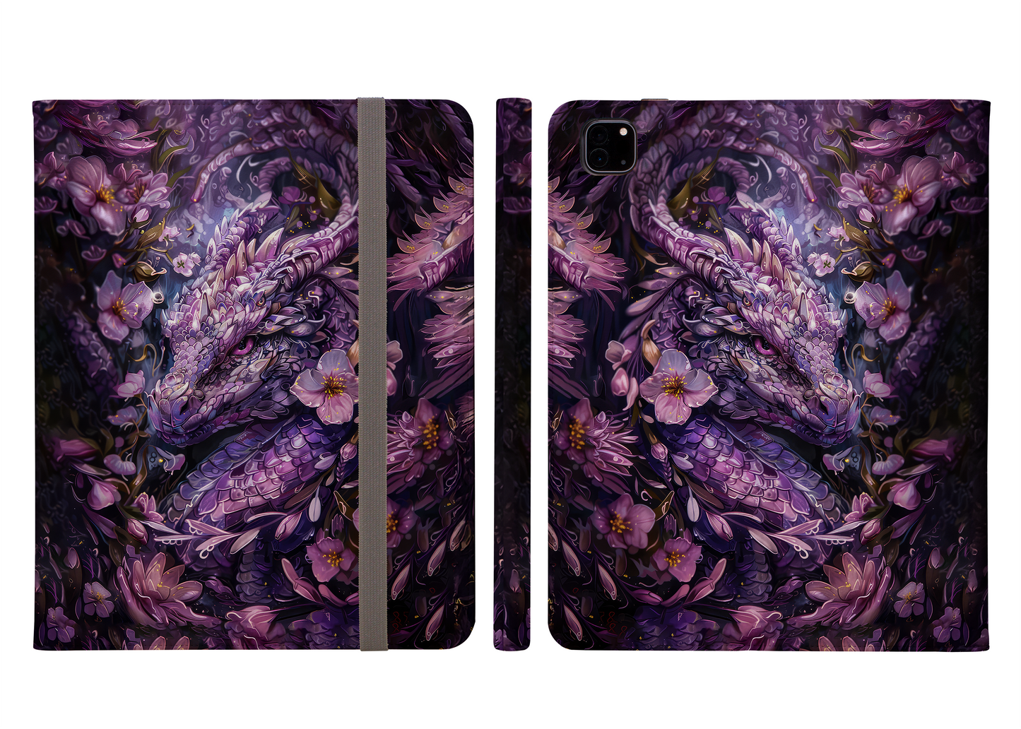 Majestic Purple Dragon Amidst Purple and Gold Blossoms Protective iPad Pro 11 & Pro 12.9 Protective Case and Pencil Holder