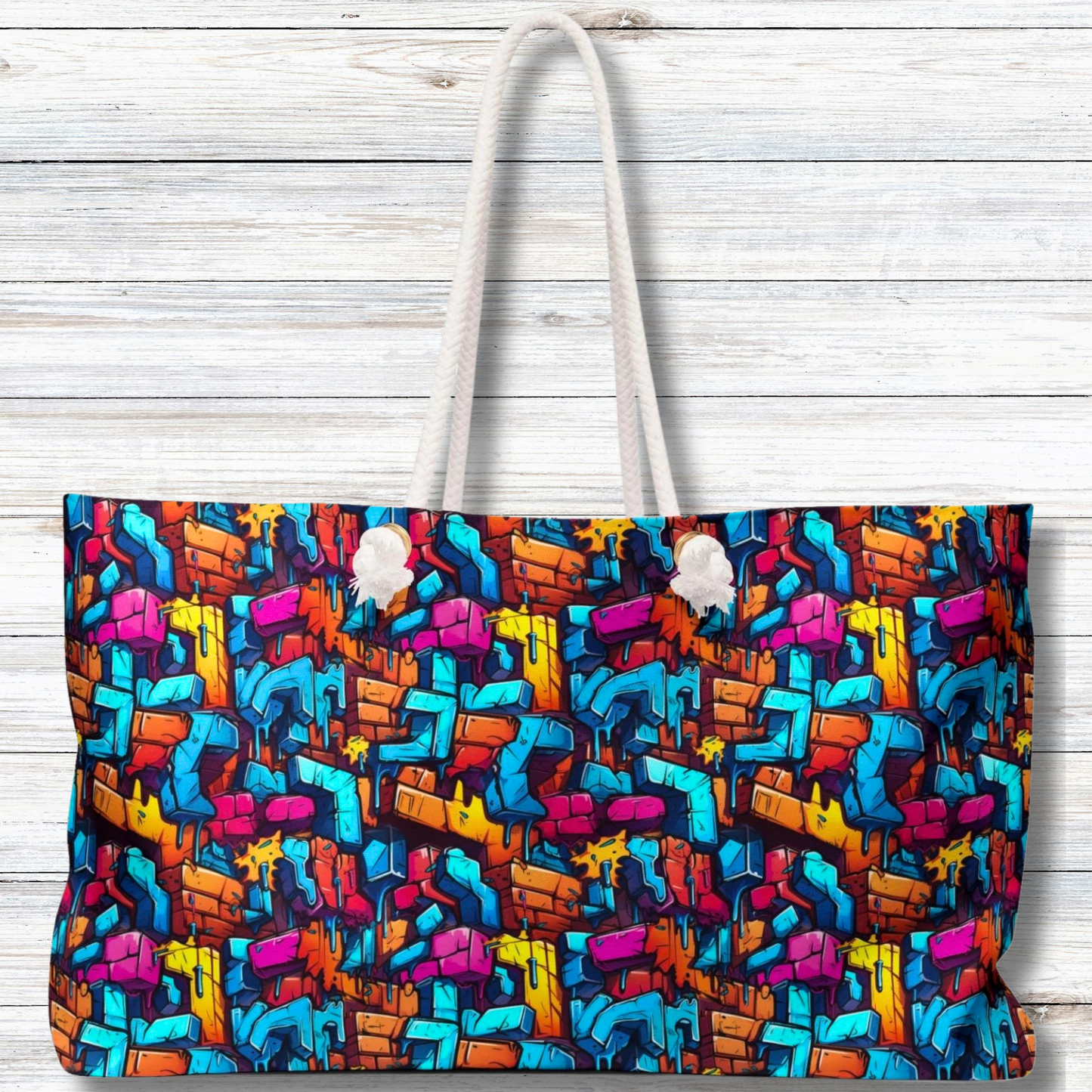 3D Rainbow Colored Graphic Blocks Design  - Weekender Oversized Canvas Tote Bag 24" × 13"