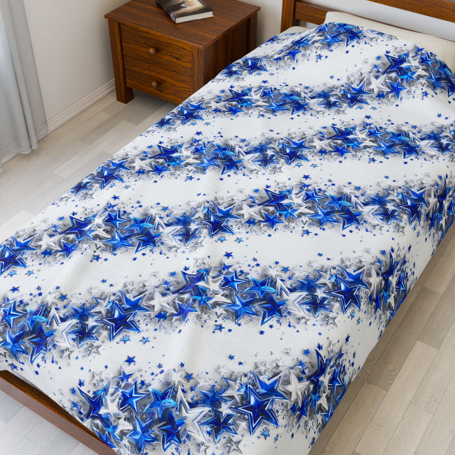 Texas Stars in Blue and Silver with Flowers Print Velveteen Plush Blanket 3 Sizes