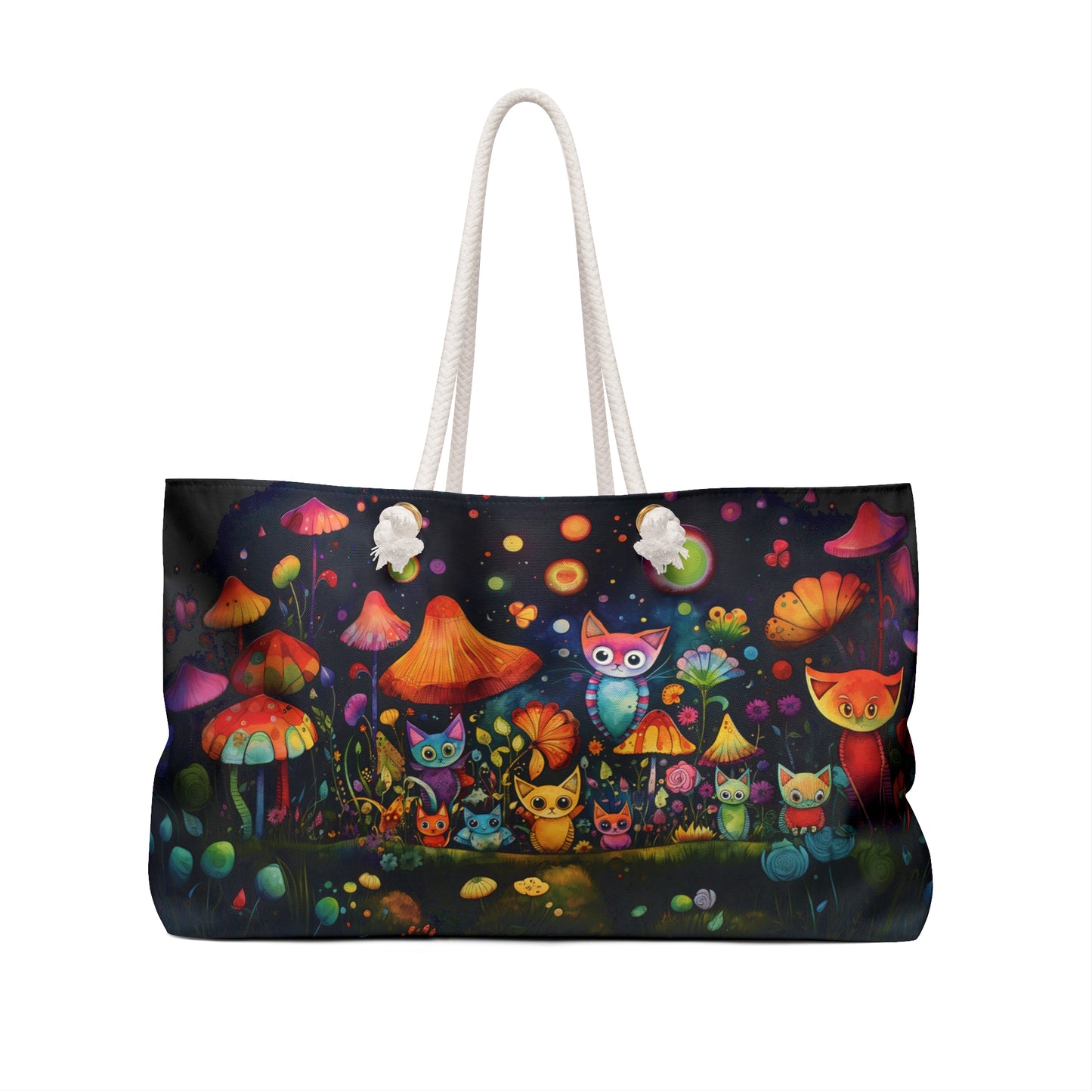 Mystical Cats Amidst a Garden of Flowers and Mushrooms, Beneath a Starry Sky - Weekender Oversized Canvas Tote Bag 24" × 13"