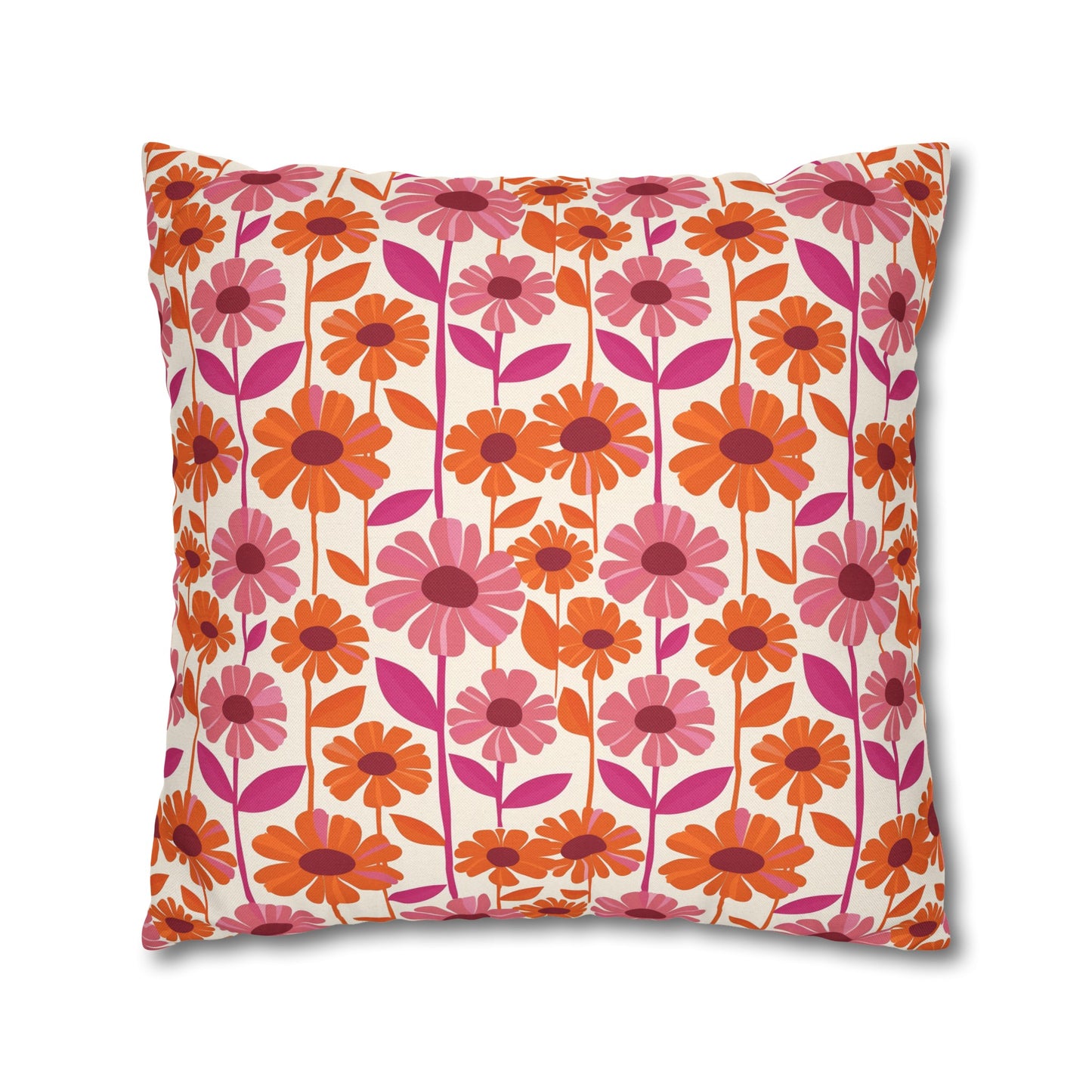 Retro Floral Bliss with Bold Pink and Orange Flower Design Spun Polyester Square Pillowcase 4 Sizes