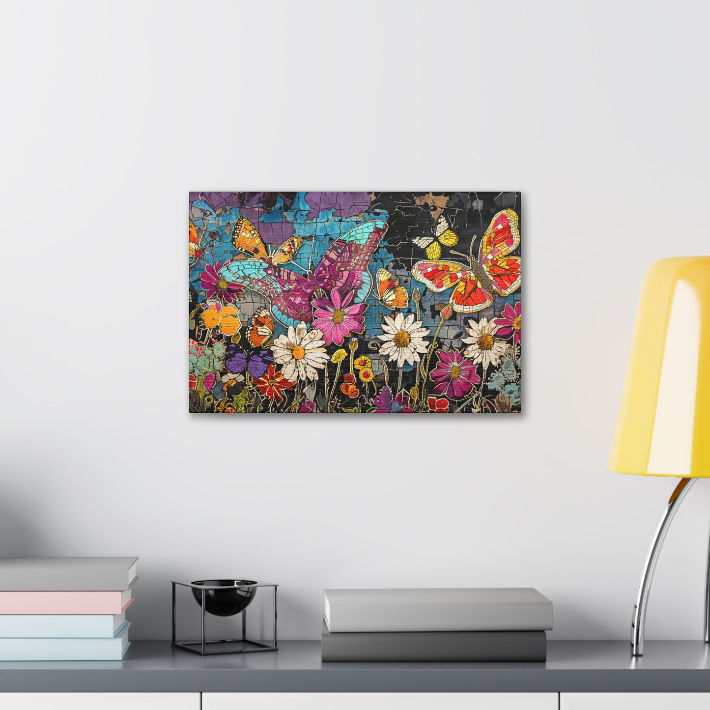 Vibrant Pop Art Garden: Butterfly & Daisy Floral Fantasy Canvas Gallery  - 3 Sizes