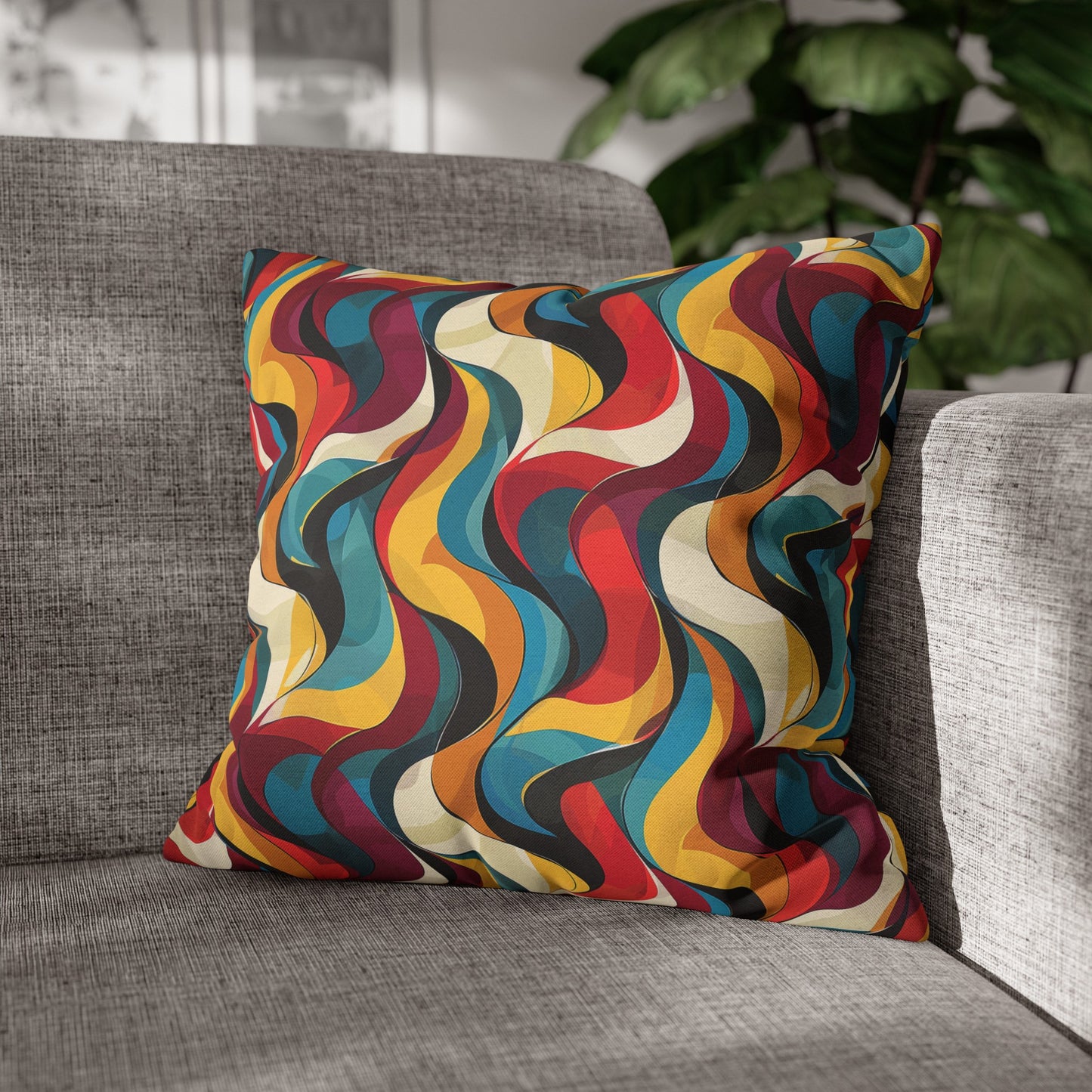 Retro Chic Vintage Blues, Reds and Yellow Waves Spun Polyester Square Pillowcase 4 Sizes