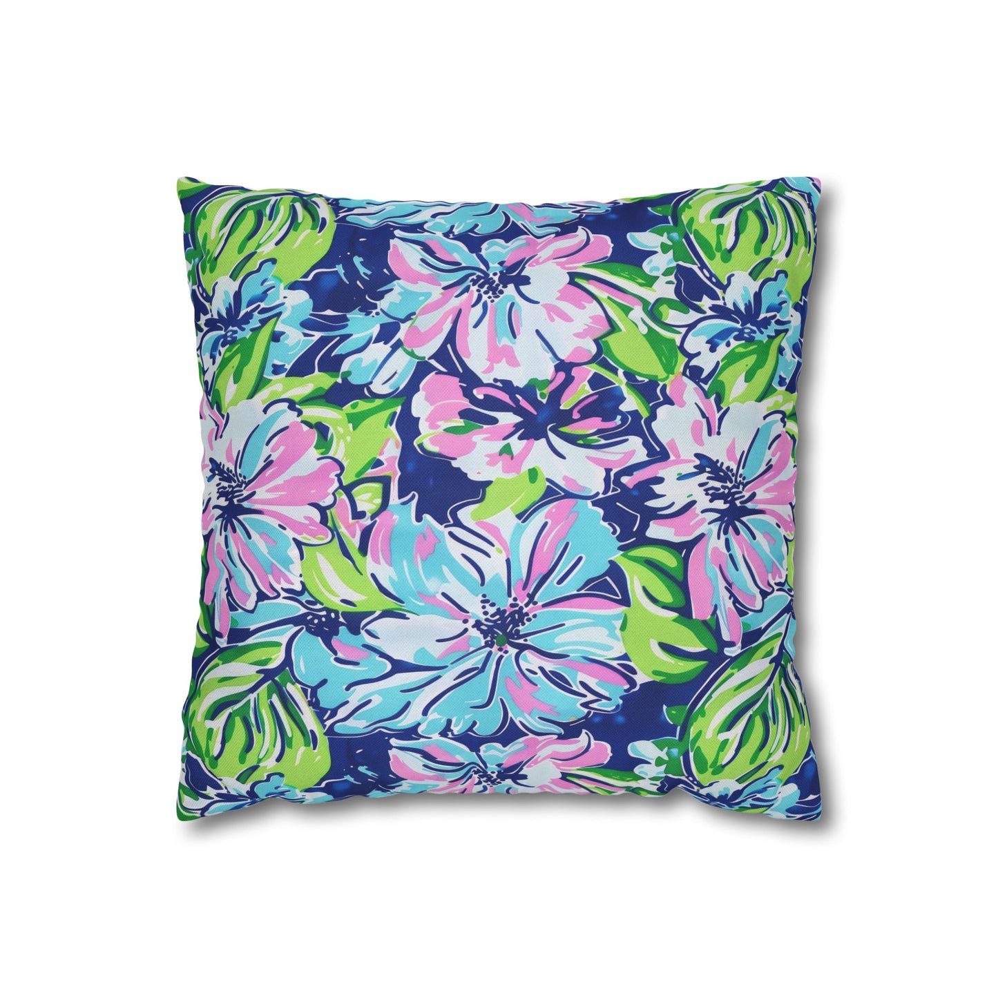 Seaside Coastal Pink, Navy, and Green Tropical Blooms Spun Polyester Square Pillowcase 4 Sizes