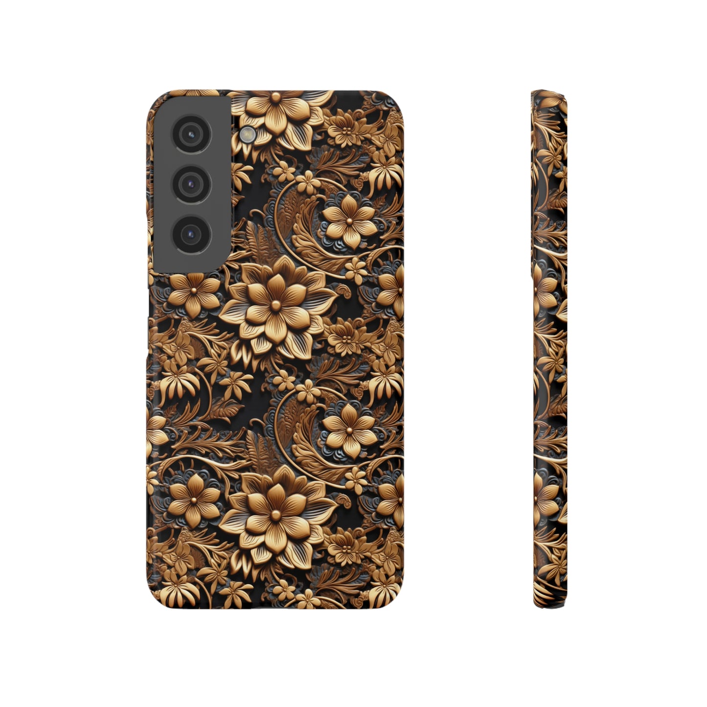 Tooled Gold Leather Flowers with Blue Accent Print Design Samsung Slim Cases