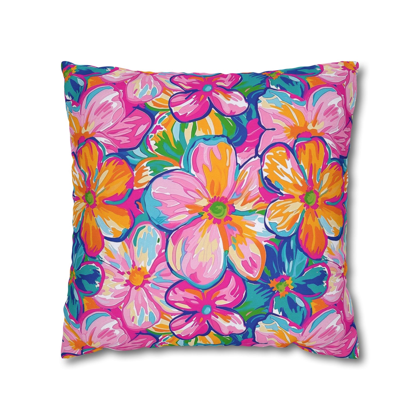 Chromatic Blossoms: Large Watercolor Flowers in Mixed Pinks, Blues, and Oranges Spun Polyester Square Pillowcase 4 Sizes