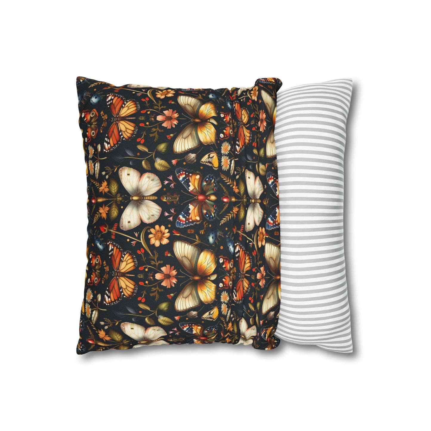 Enchanted Garden of Butterflies and Botanicals in Rich Autumn Hues on a Deep Night Background Polyester Square Pillowcase 4 Sizes