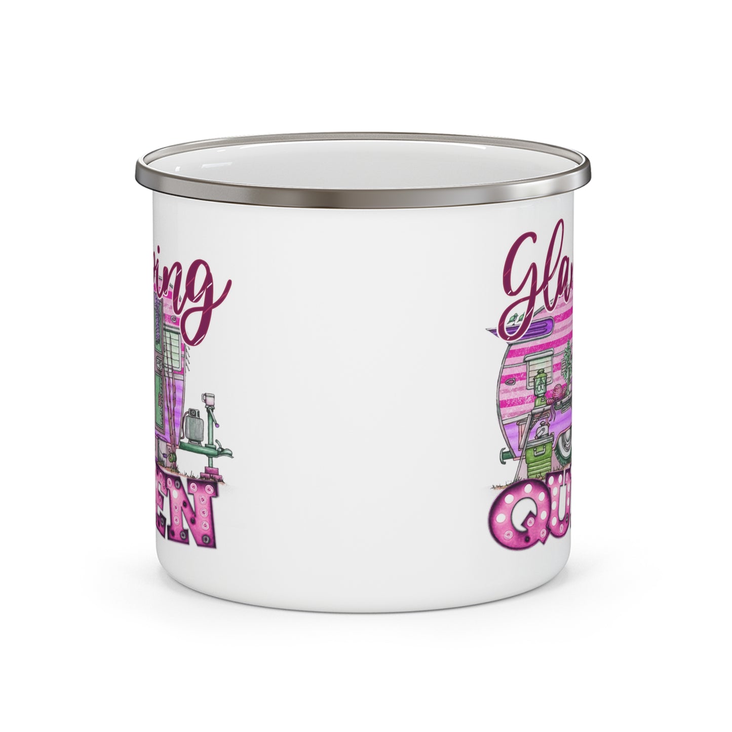 Glamping Queen with Retro Camping Trailer in Pink - 12oz Enamel Camping Mug