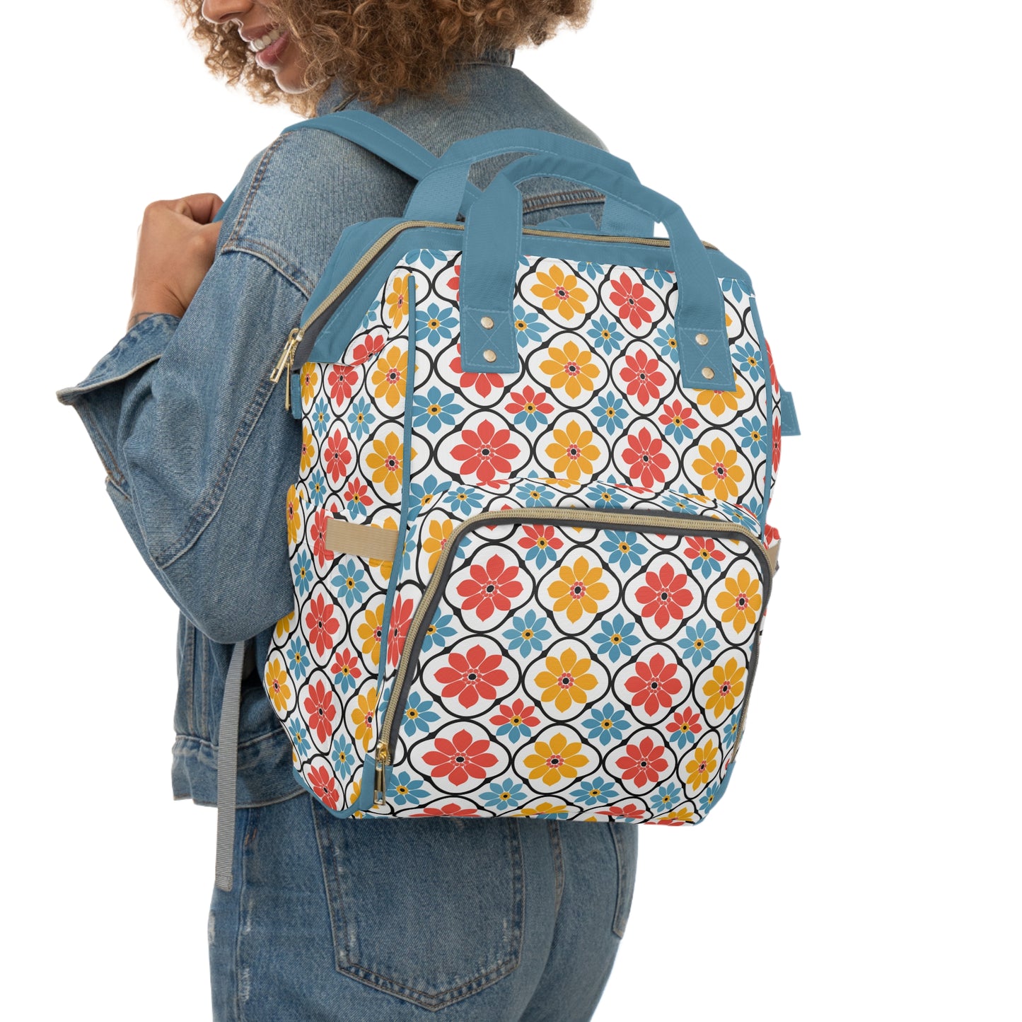 Retro Vintage Flowers in Bold Pink Blue and Orange Multifunctional Diaper Backpack