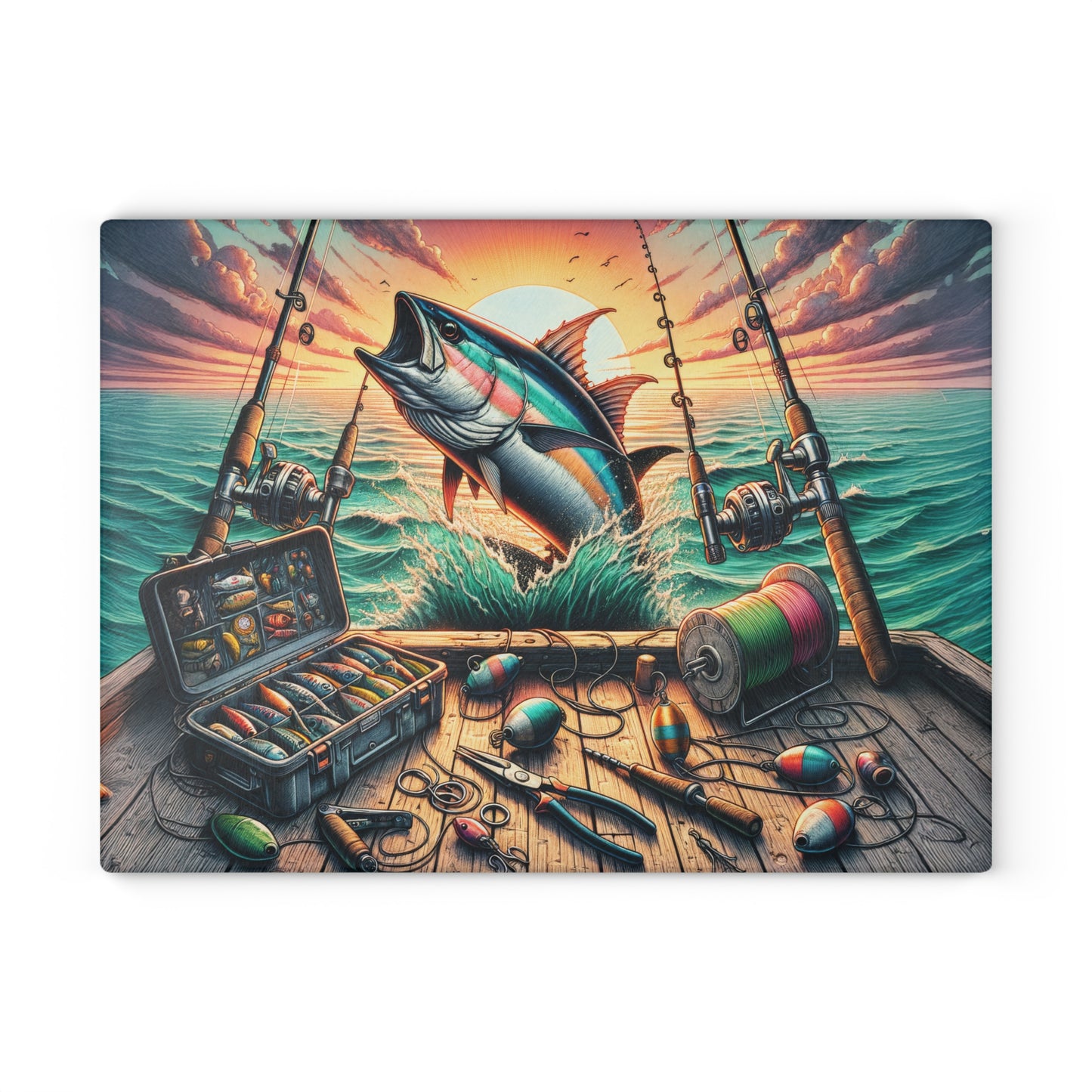 Fishing Life, Sports Fishing Glass Cutting Board, Charcuterie Serving Tray 2 Sizes
