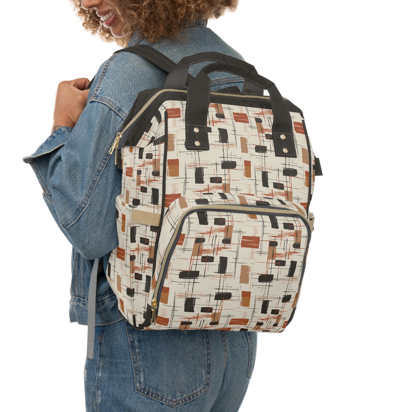 Modern Artistry in Bold and Minimalistic Pattern in a Palette of Black, Dark Orange, and Beige Multifunctional Diaper Backpack