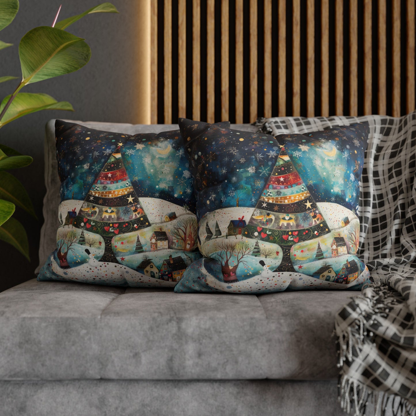 Twilight Treasures: Folk Art Christmas Tree Adorning a Town at Night Spun Polyester Square Pillowcase 4 Sizes