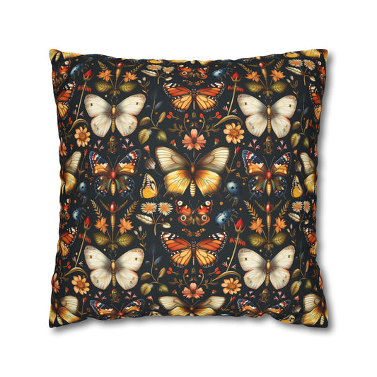 Enchanted Garden of Butterflies and Botanicals in Rich Autumn Hues on a Deep Night Background Polyester Square Pillowcase 4 Sizes