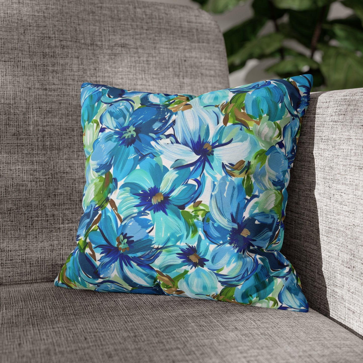 Large Blue Watercolor Flowers with Gentle Accents of Brown and Green Spun Polyester Square Pillowcase 4 Sizes