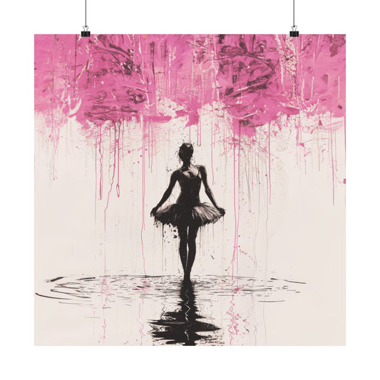 Dreamlike Reverie: Ballerina Dancing Amidst Pink Clouds and Gentle Rain Print on Matte Poster - 11 Sizes