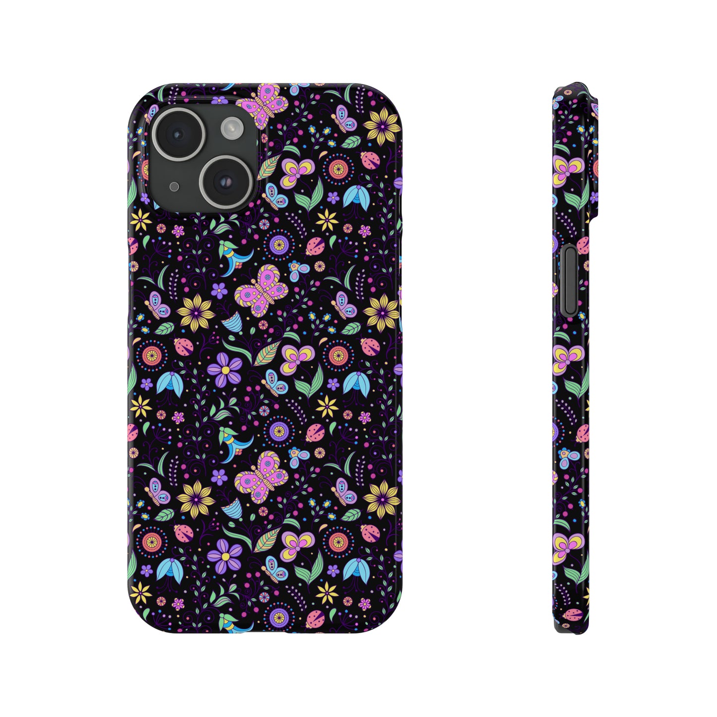 Butterflies and Flowers Black Background Iphone 15-12 Slim Phone Case