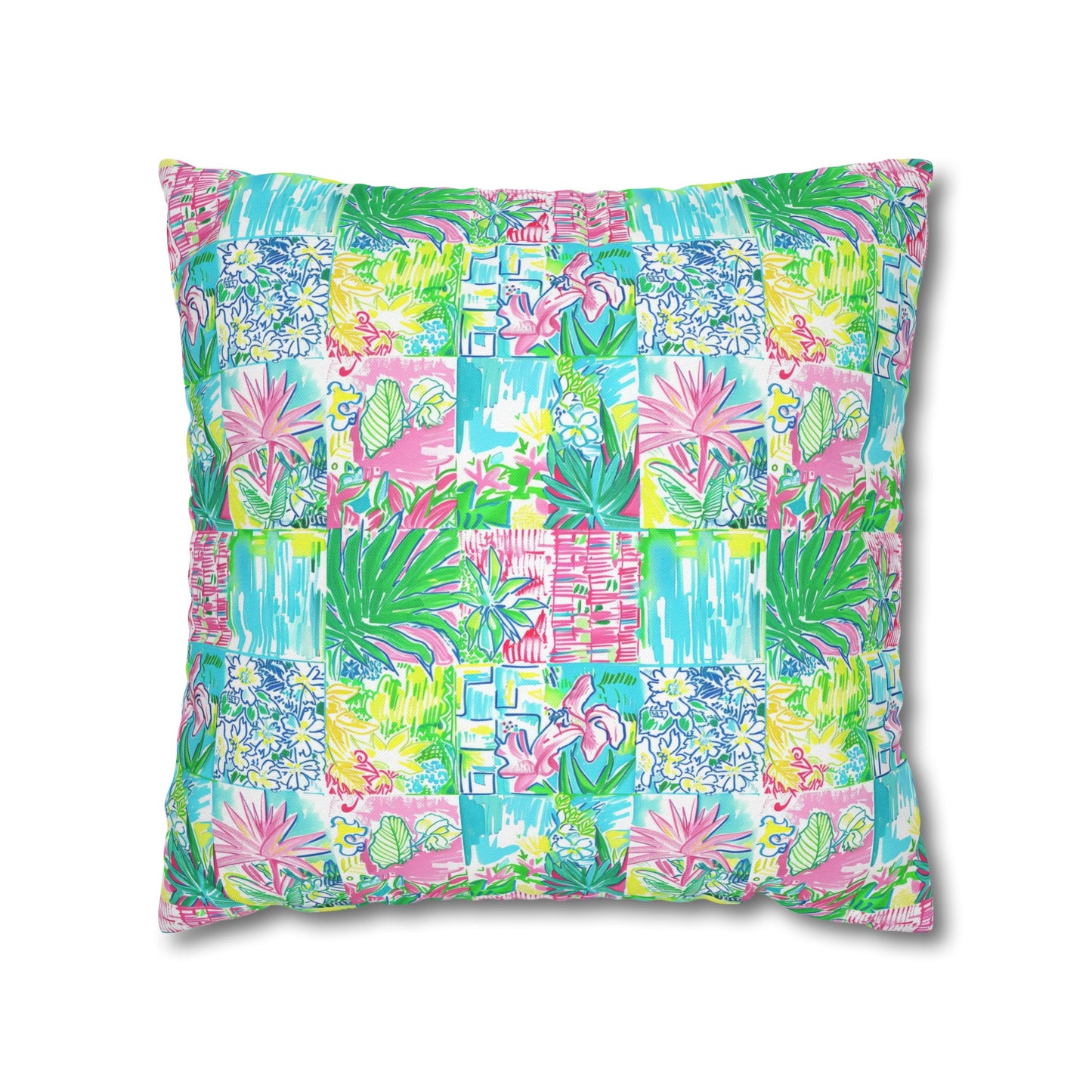 Whimsical Palm Trees and Flowers in Vibrant Pink, Teal, and Green Collage Spun Polyester Square Pillowcase 4 Sizes