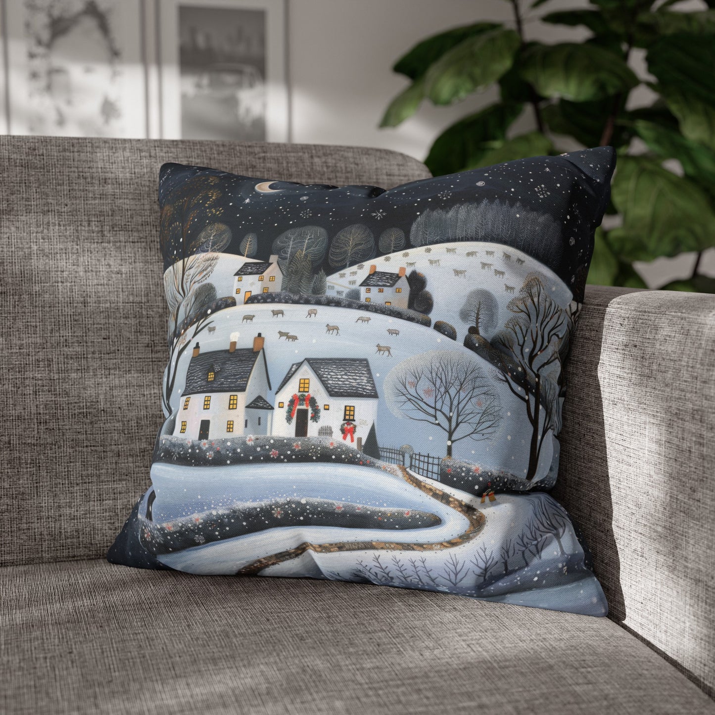 Starry Serenity: Rolling Hills on a Snowy Night, Stars Sparkling in the Sky Spun Polyester Square Pillowcase 4 Sizes