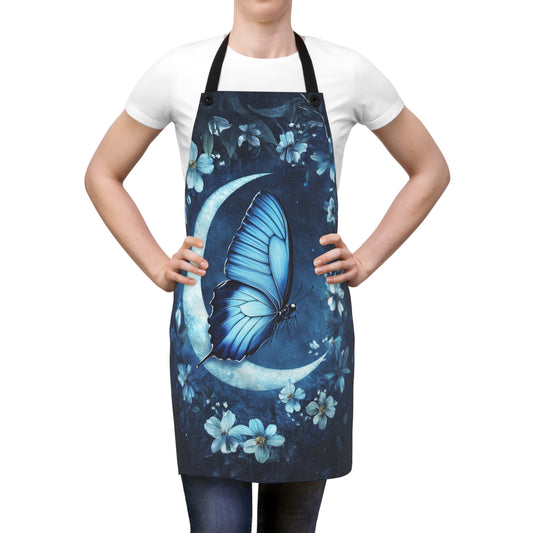 Celestial Blue Butterfly on a Crescent Moon Amidst Starlit Flowers Kitchen Chef Apron