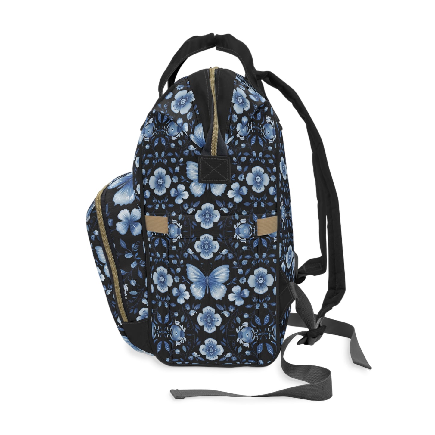 Enchanted Blue Butterflies and Blooms on Black Multifunctional Diaper Backpack