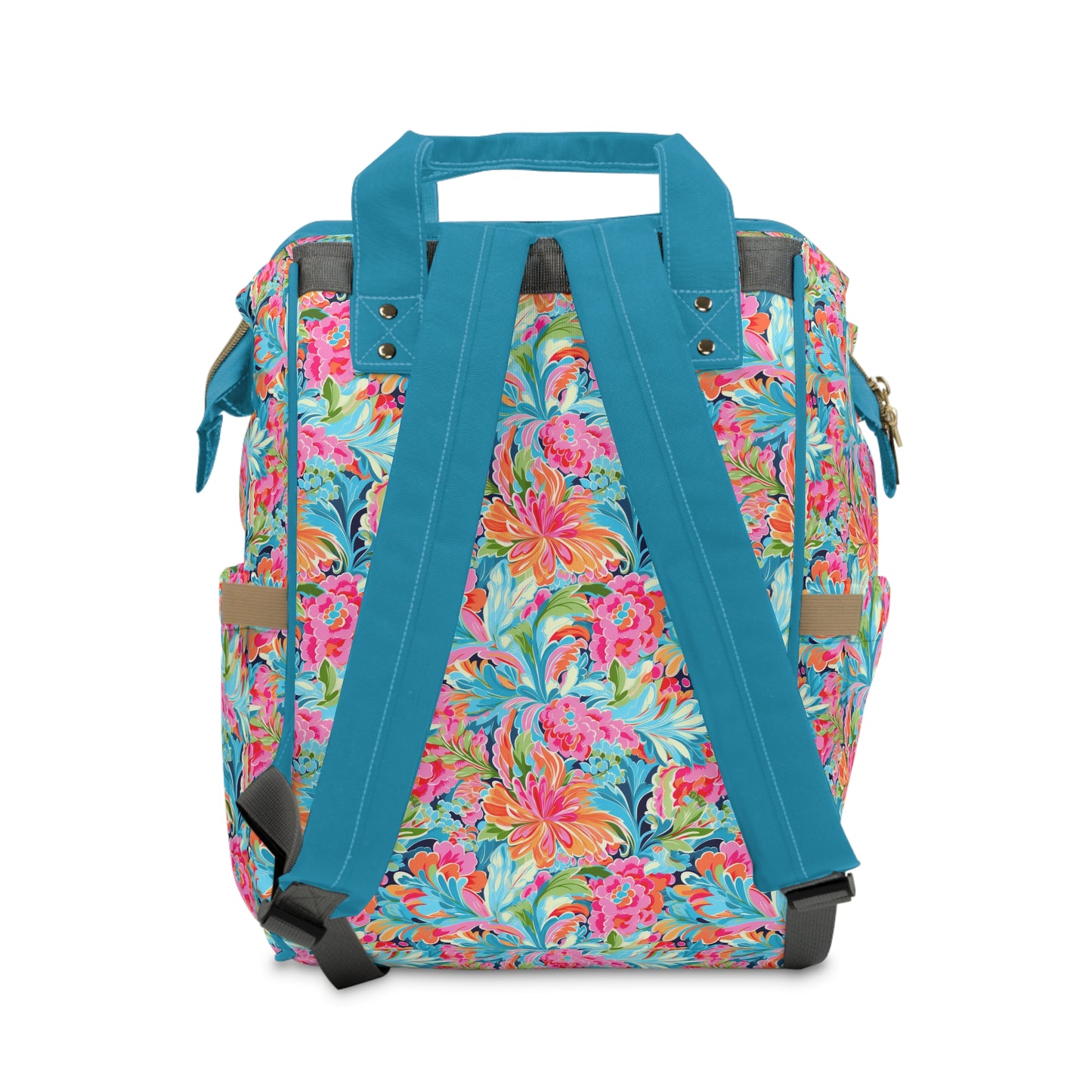 Tropical Radiance: Bursting Summer Blooms in Teal, Orange, and Pink Multifunctional Diaper Backpack