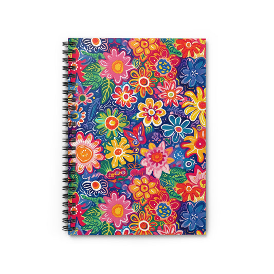 Fluttering Kaleidoscope: Vibrant Multicolor Flowers and Butterflies in Flight Spiral Ruled Line Notebook