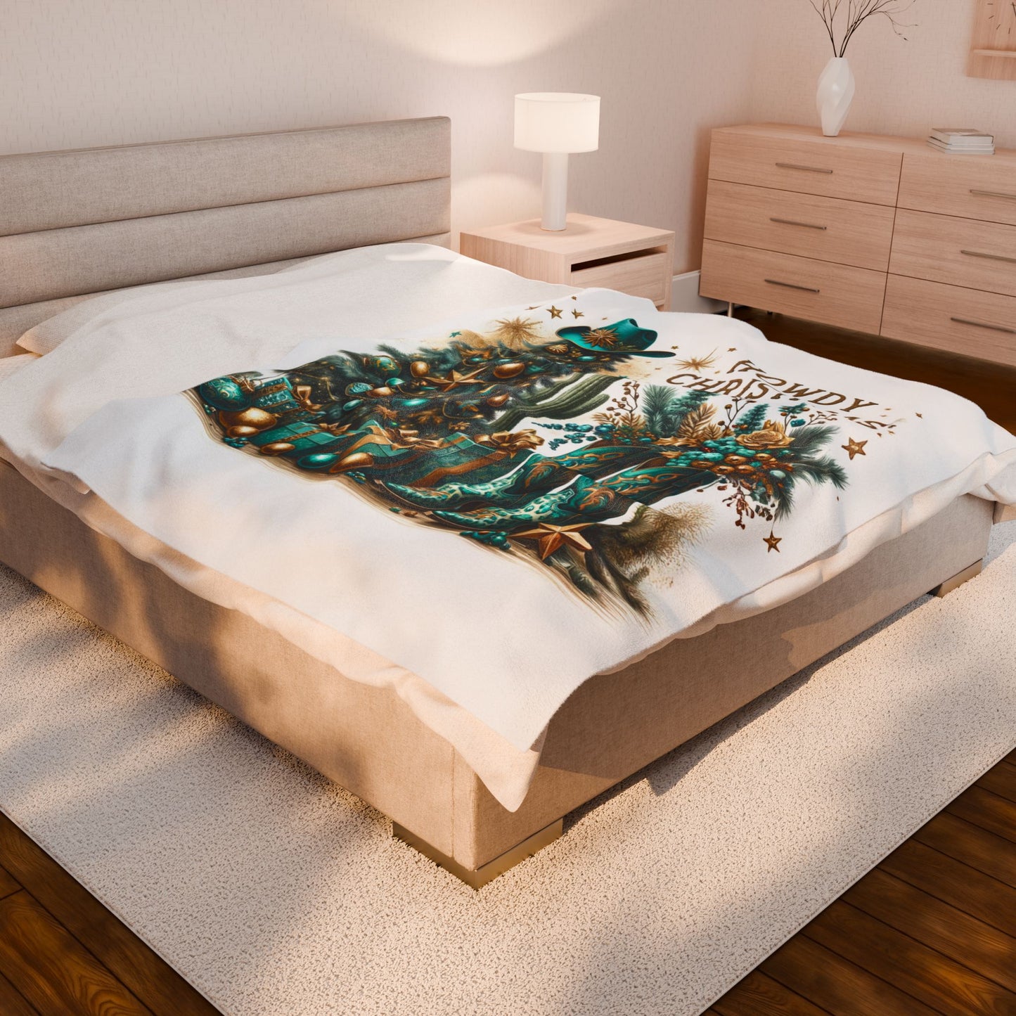 Country Western Howdy Christmas Green and Gold Sparkle Velveteen Plush Blanket 3 Sizes