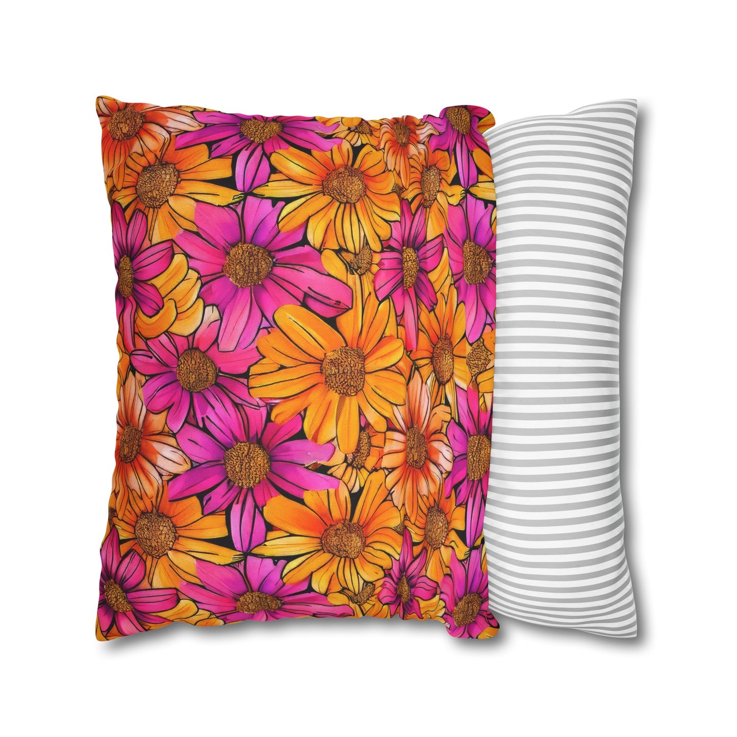 Vibrant Daisy Delight with Bold Orange and Pink Spun Polyester Square Pillowcase 4 Sizes