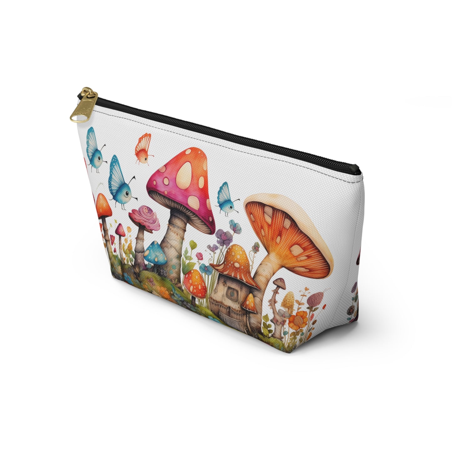 Enchanting Mushroom Cottage Adorned with Butterflies and Toadstools - Makeup & Accessory Bag 2 Sizes