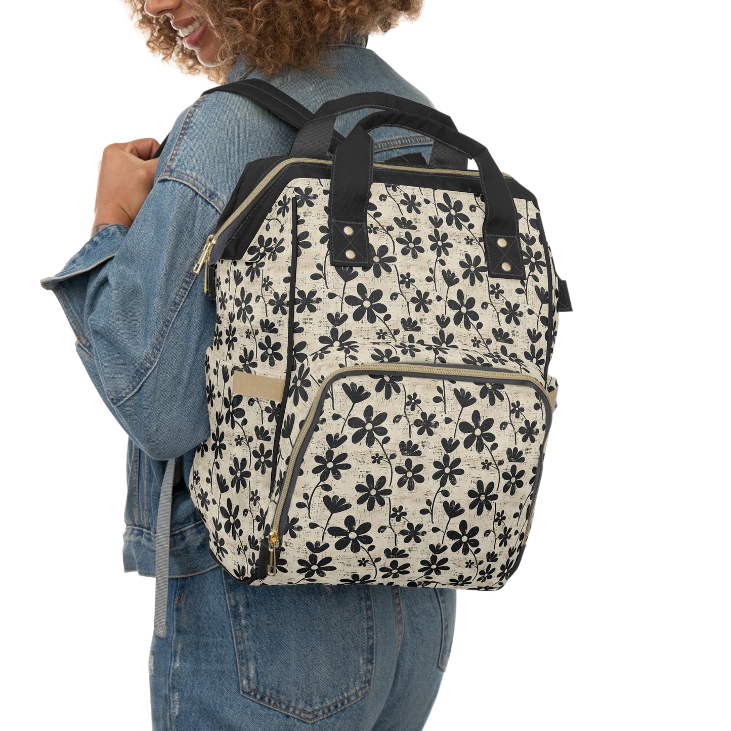 Distressed Black Floral on Beige Background Multifunctional Diaper Backpack