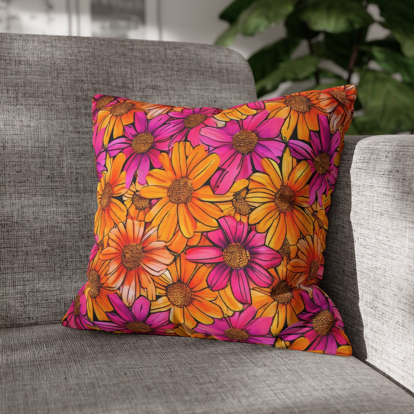 Vibrant Daisy Delight with Bold Orange and Pink Spun Polyester Square Pillowcase 4 Sizes