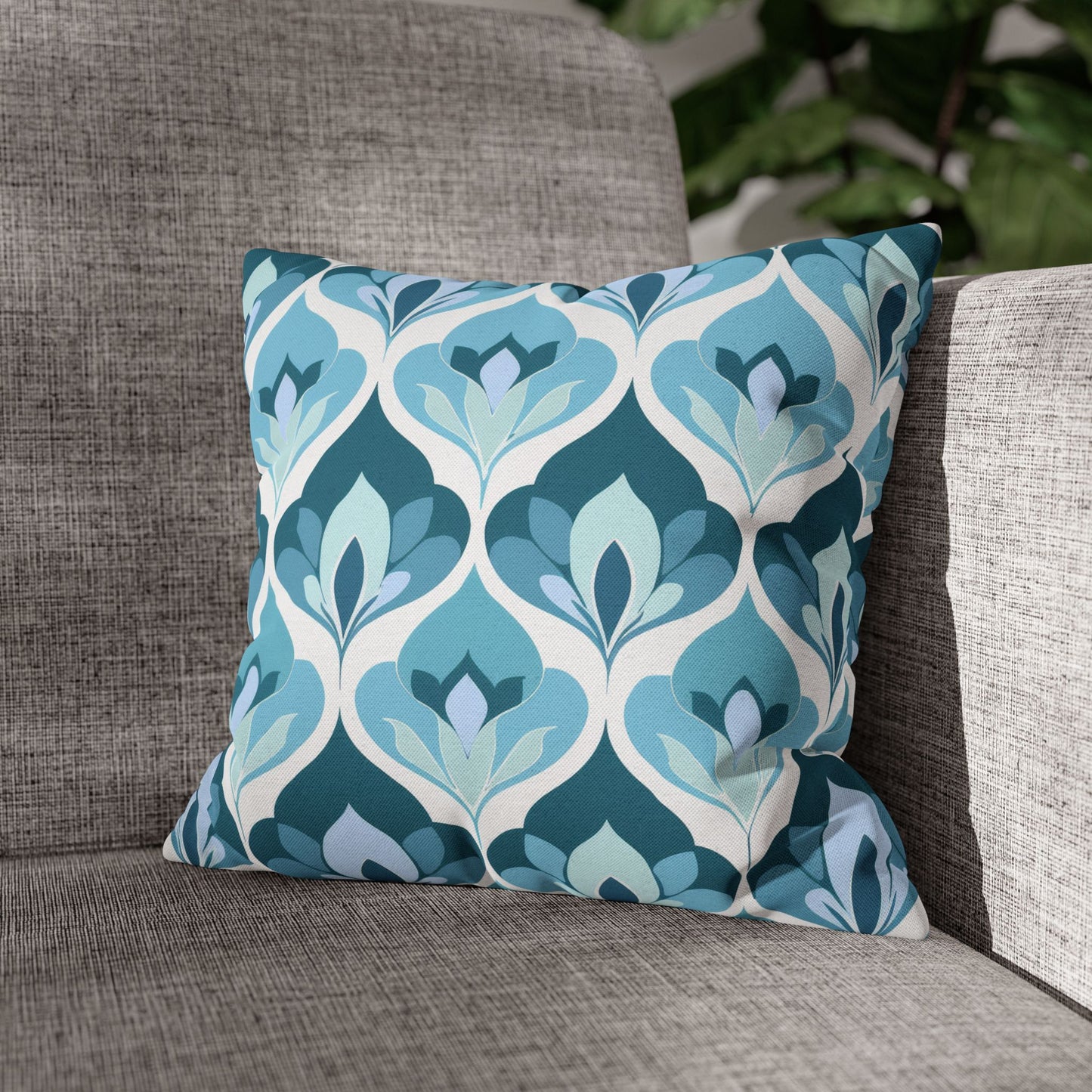 Serene Leaf Motifs Cascading in Cool Hues of Oceanic Blues Spun Polyester Square Pillowcase 4 Sizes