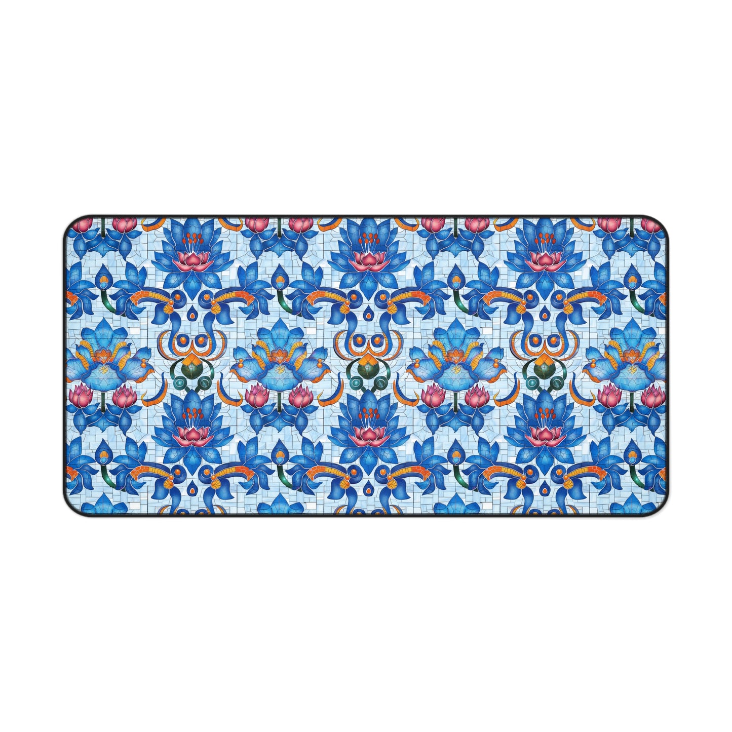 Majestic Mosaic Blossoms Vibrant Blue and Pink Floral Tile Design Extended Gaming Mouse Pad  Desk Mat  - 3 Sizes