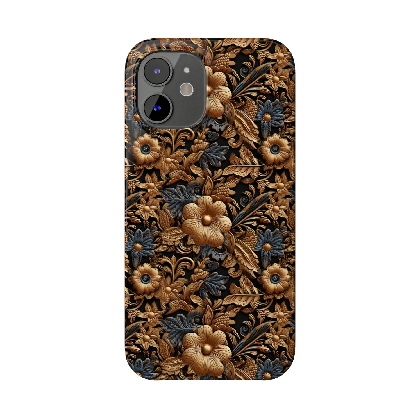 Tooled Leather Gold Flowers with Blue Leaves Accent Print Design Iphone 15-12 Slim Phone Case