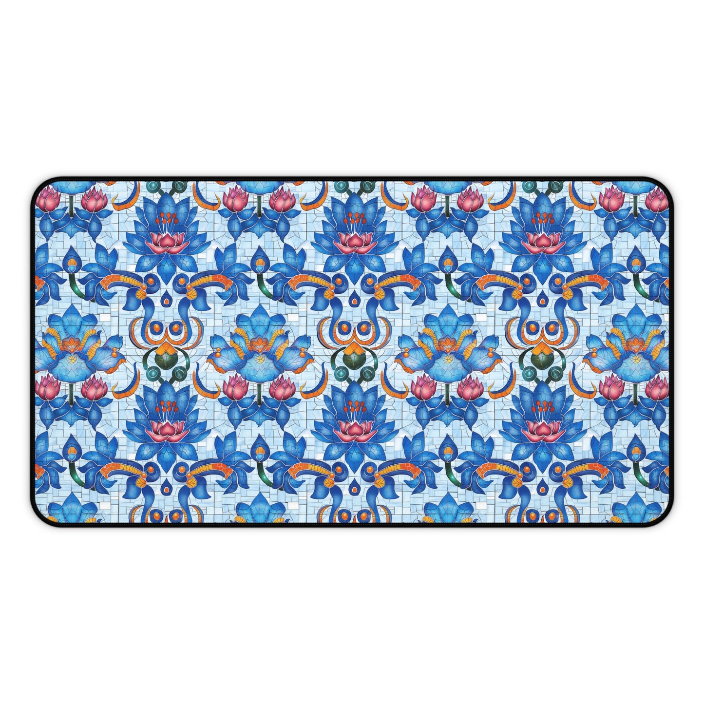 Majestic Mosaic Blossoms Vibrant Blue and Pink Floral Tile Design Extended Gaming Mouse Pad  Desk Mat  - 3 Sizes