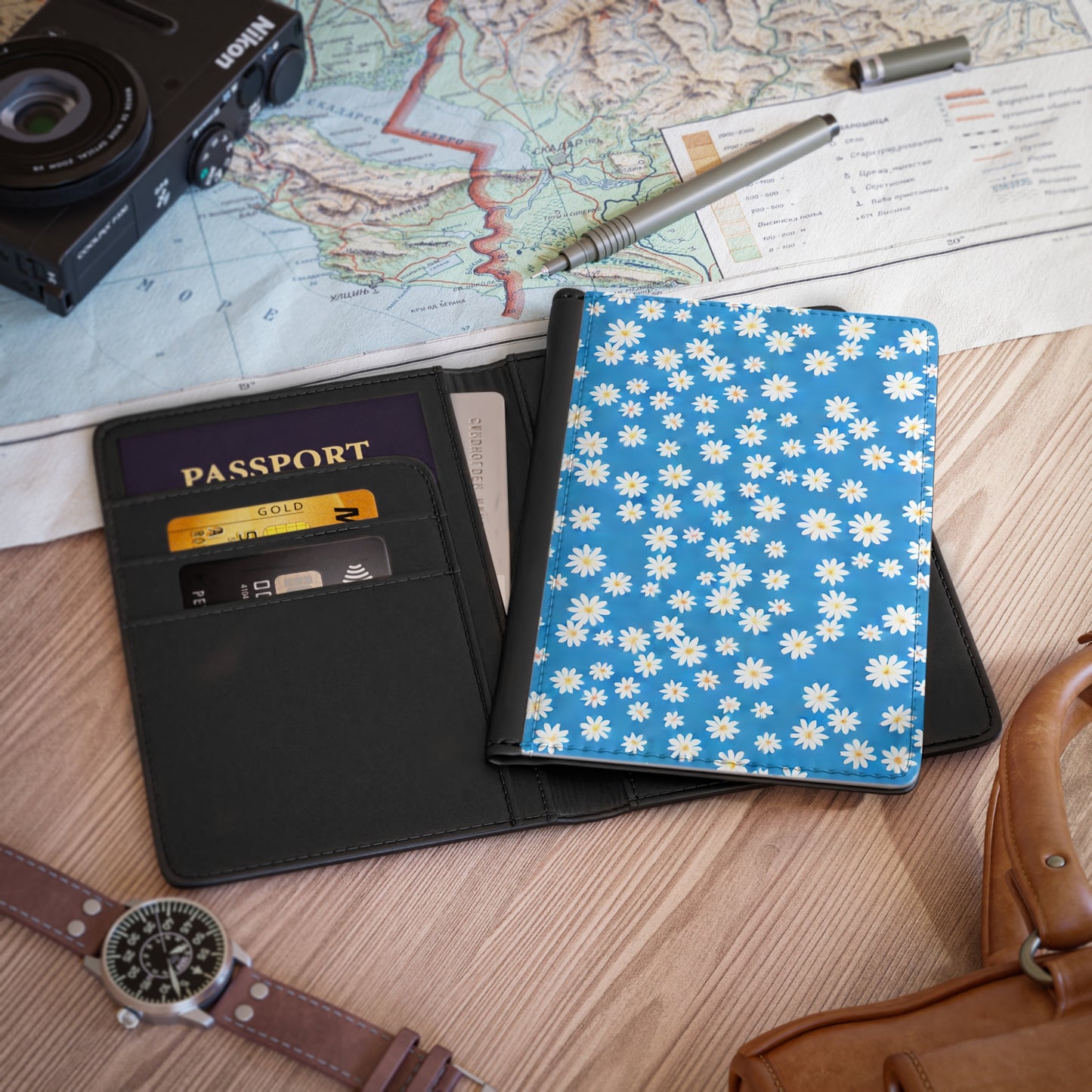 Skys Whisper: Tiny White Daisies on a Serene Blue - Passport Cover Faux Leather RFID Blocking