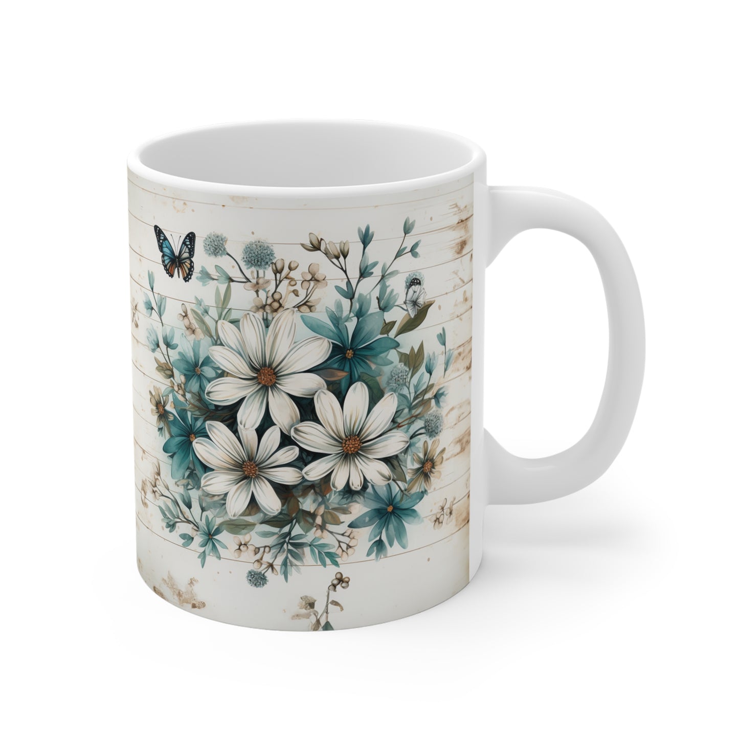 Rustic Farmhouse Daisy and Butterfly Design  - 11 oz Coffee