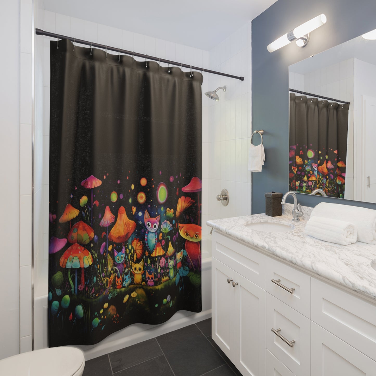 Mystical Cats Amidst a Garden of Flowers and Mushrooms, Beneath a Starry Sky Bathroom Shower Curtain   71" × 74"