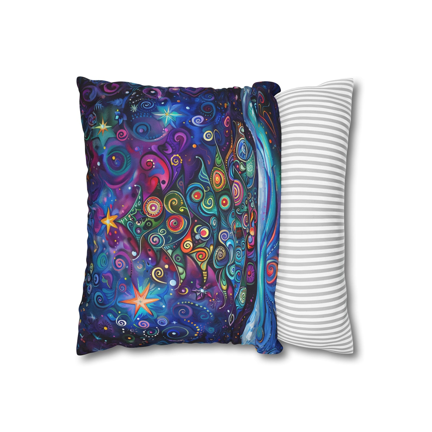 Christmas Tree in Magical Purple Hues, Sparkling Amidst Vibrant Stars Spun Polyester Square Pillowcase 4 Sizes