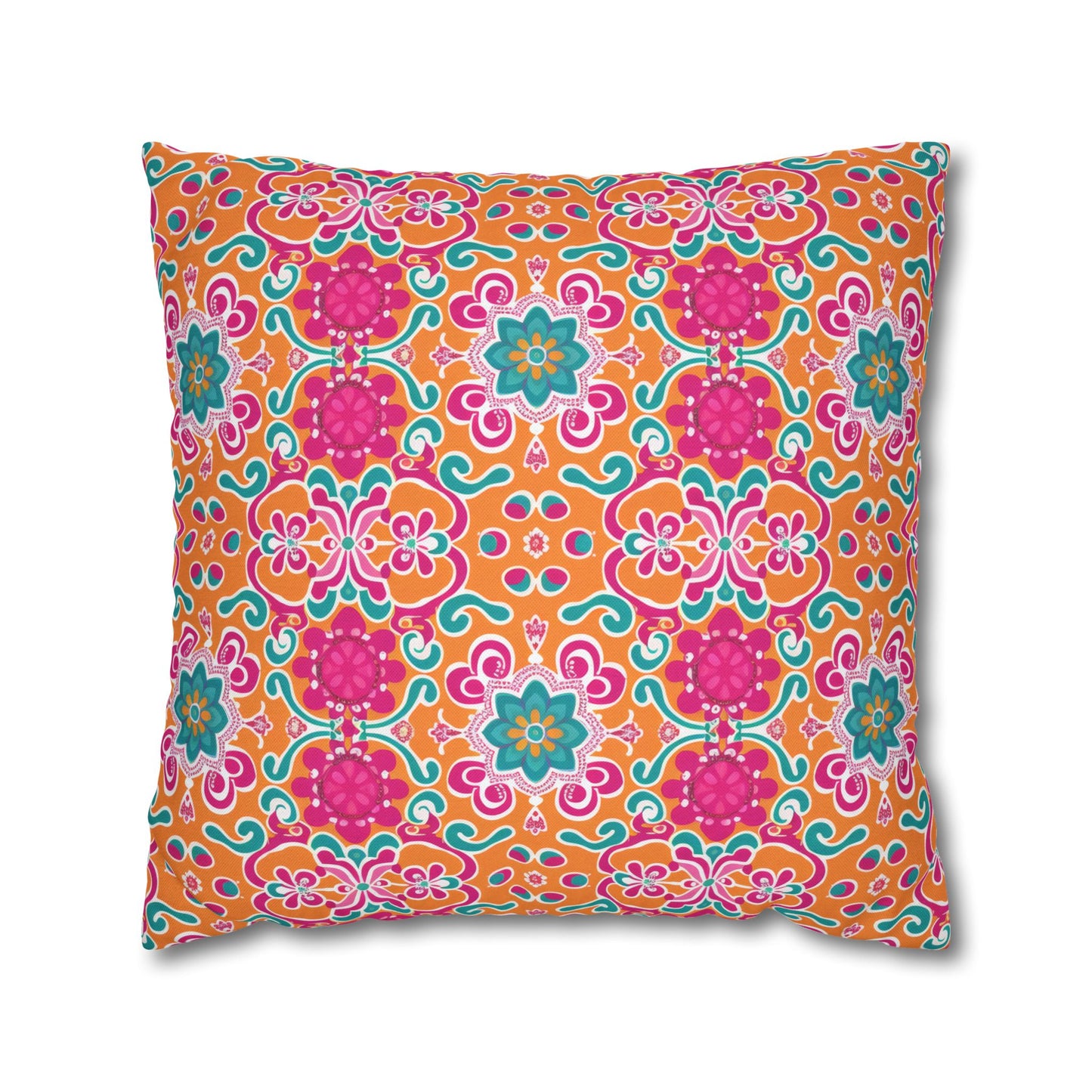 Kaleidoscope of Warm Tangerine, Lush Teal, and Lively Pink Blooms Polyester Square Pillowcase 4 Sizes