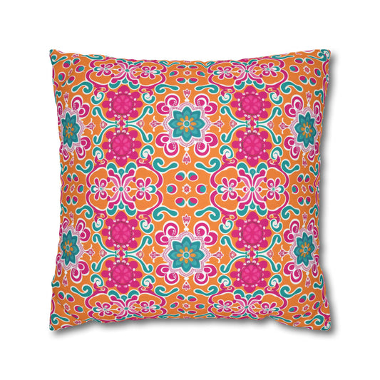 Kaleidoscope of Warm Tangerine, Lush Teal, and Lively Pink Blooms Polyester Square Pillowcase 4 Sizes