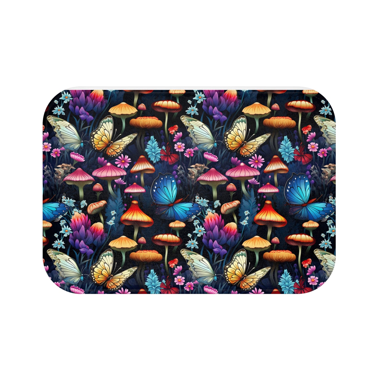 Neon Nocturne: Illuminated Butterfly and Mushroom Silhouettes Against the Night Sky - Bathroom Non-Slip Mat 2 Sizes