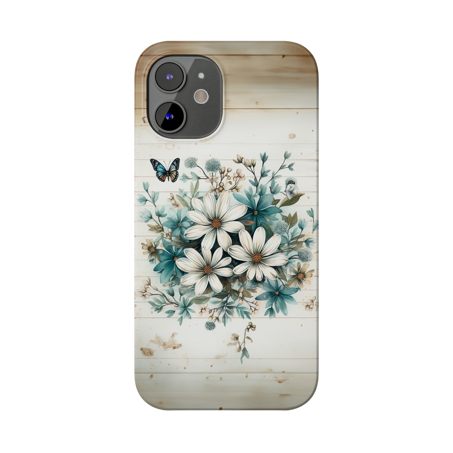 Rustic Charm Bouquet featuring Teal Accents White Wild Daisies with Butterflies  Iphone 15-12 Slim Phone Case