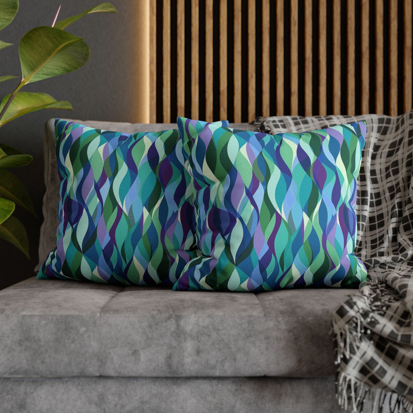 Modern Mosaic Art Ocean Waves of Blue and Green Spun Polyester Square Pillowcase 4 Sizes