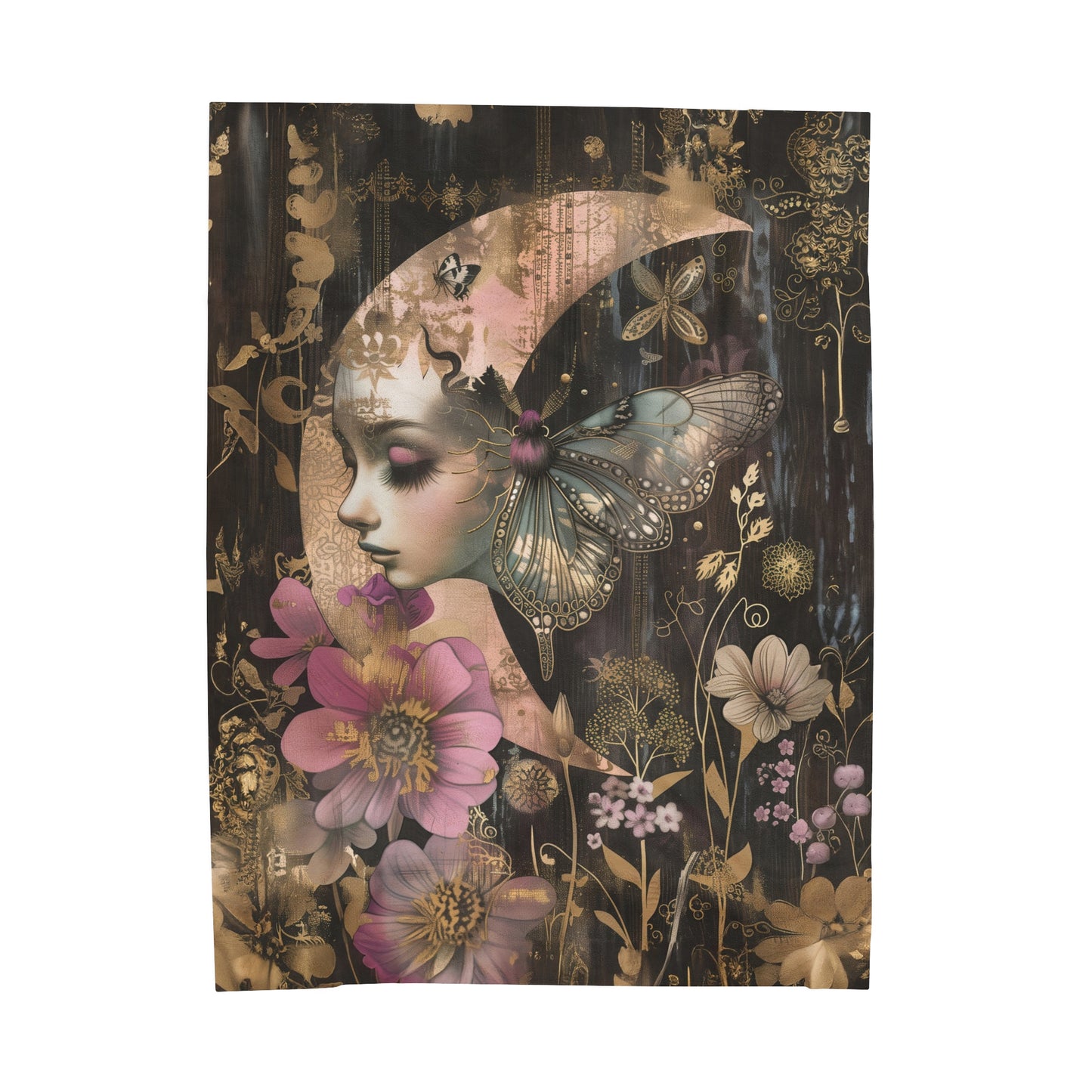 Mystical Lady in the Crescent Moon Celestial Pink Flowers and Butterflies Velveteen Plush Blanket 3 Sizes