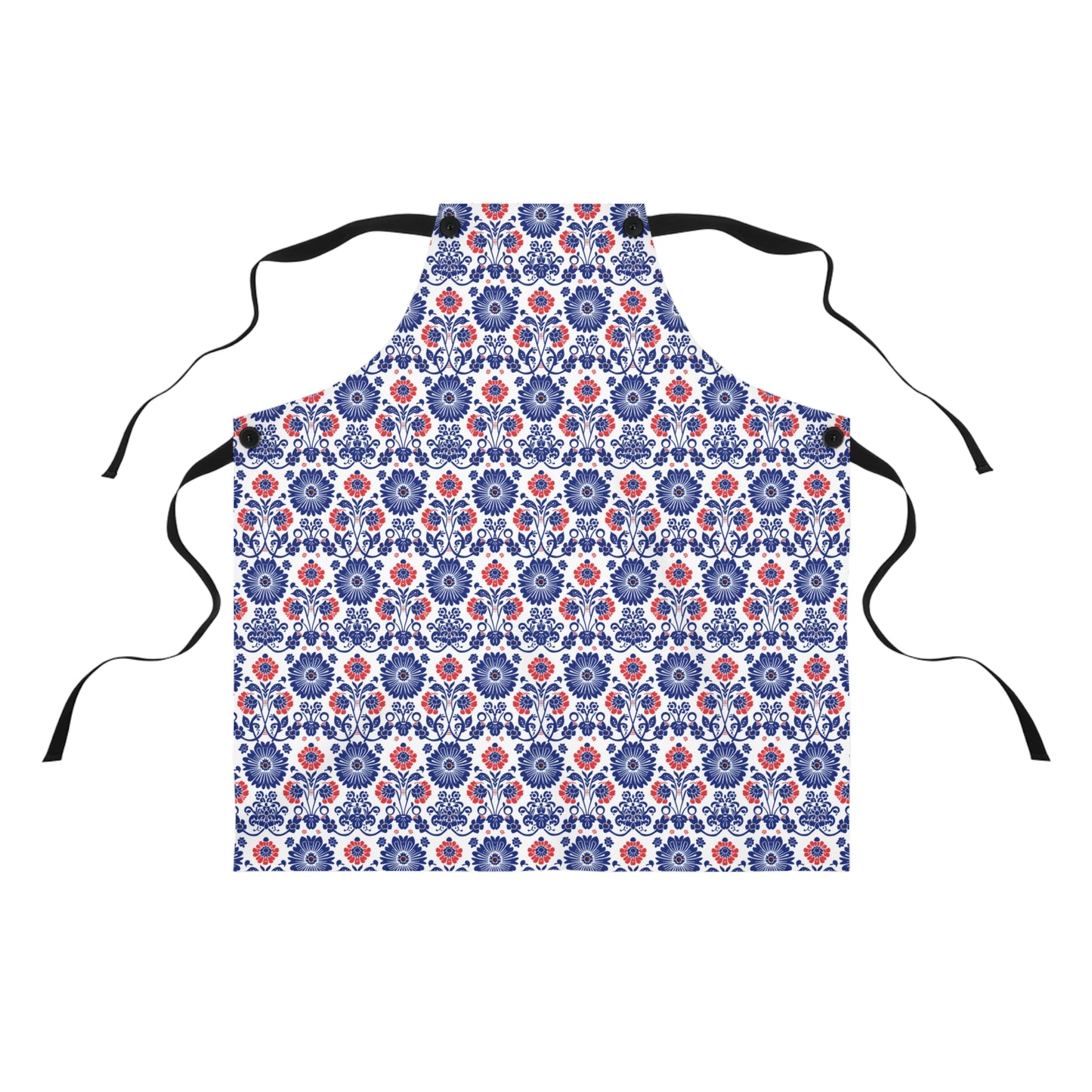 Charming Folk Blooms in Classic Polish Pottery Inspired Floral Pattern in Blue and Red Kitchen Chef Apron