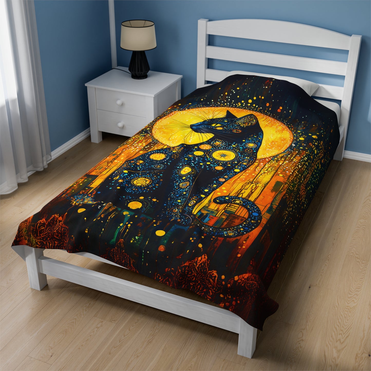 Celestial Cat Adorned in Cosmic Orbs and Starlit Splendor Velveteen Plush Blanket 3 Sizes