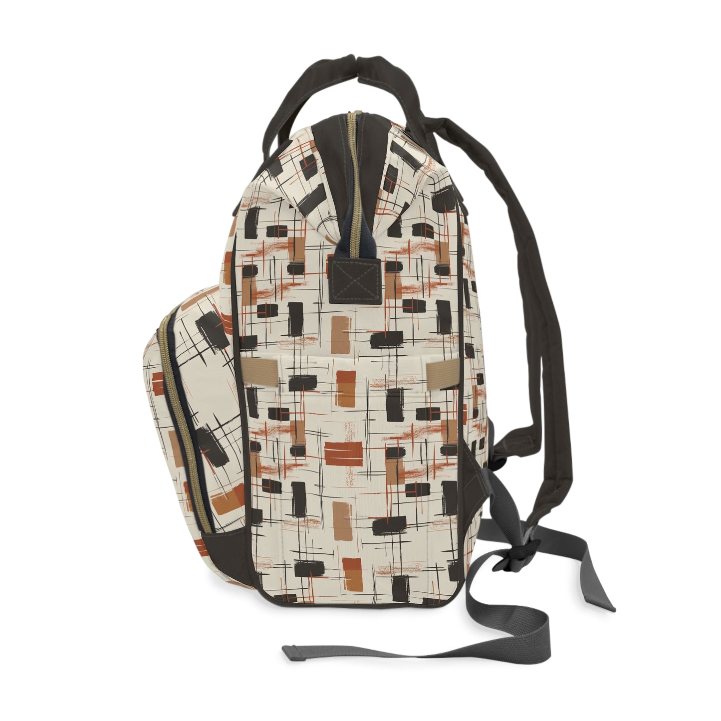 Modern Artistry in Bold and Minimalistic Pattern in a Palette of Black, Dark Orange, and Beige Multifunctional Diaper Backpack