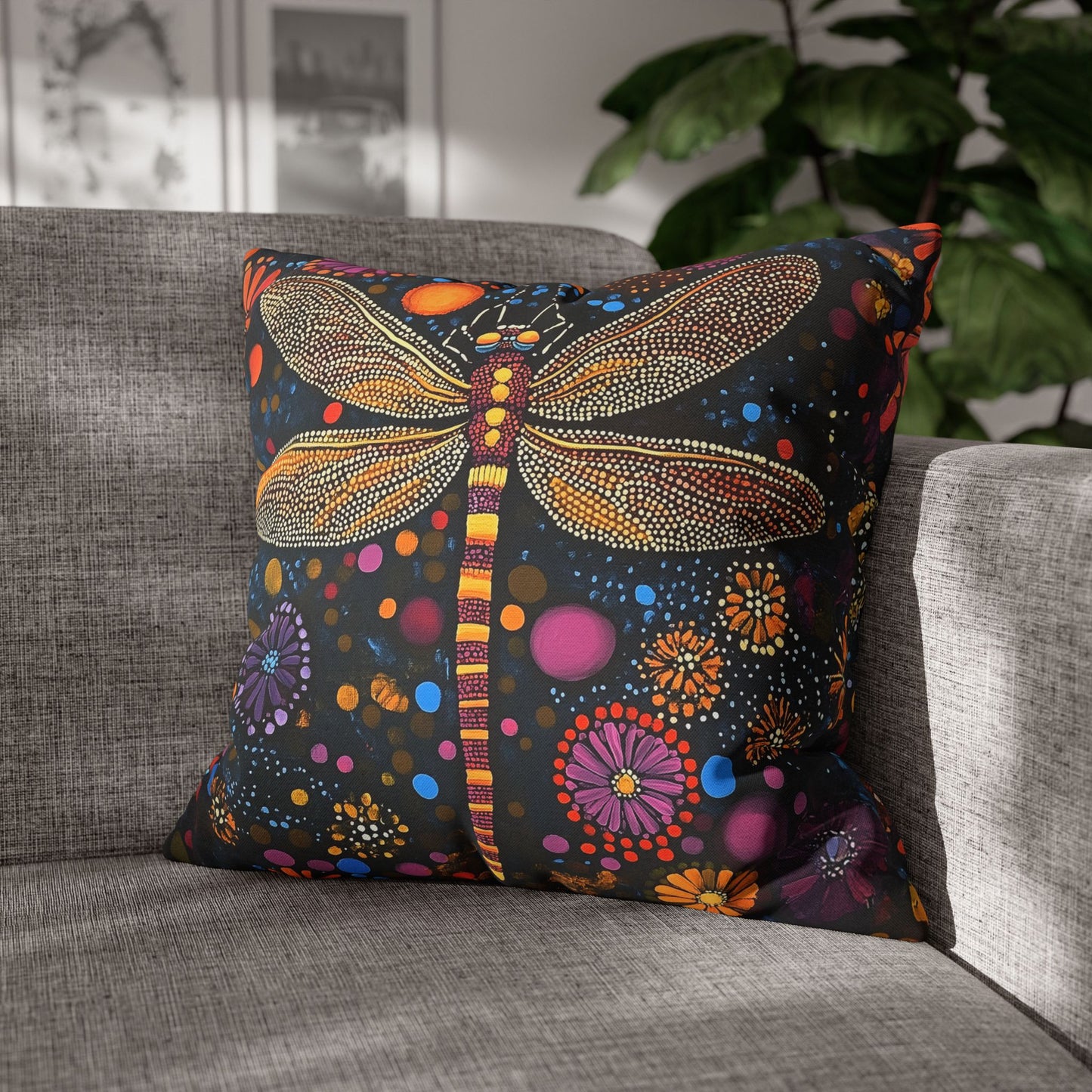 Vibrant Dragonfly Amidst a Kaleidoscope of Dot-Painted Blooms Spun Polyester Square Pillowcase 4 Sizes