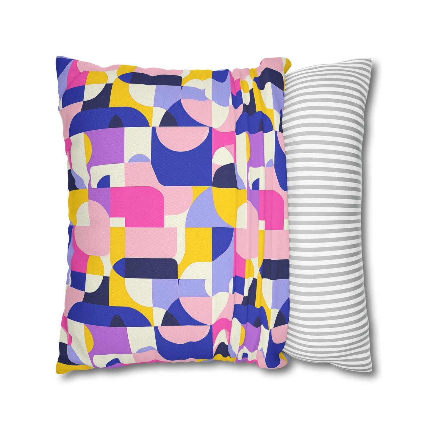 Vibrant Pink, Blue Yellow Color Block Geometric Shapes Spun Polyester Square Pillowcase 4 Sizes